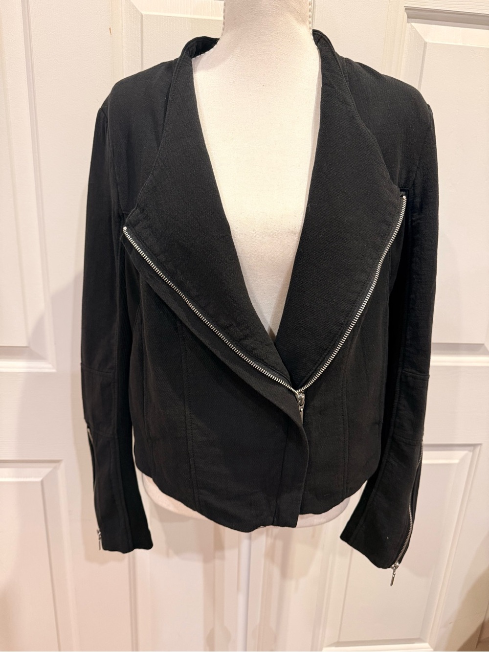 BLANKNYC Black Cotton Moto Jacket Mesh Panel Asymmetrical Zip L - Picture 7 of 9